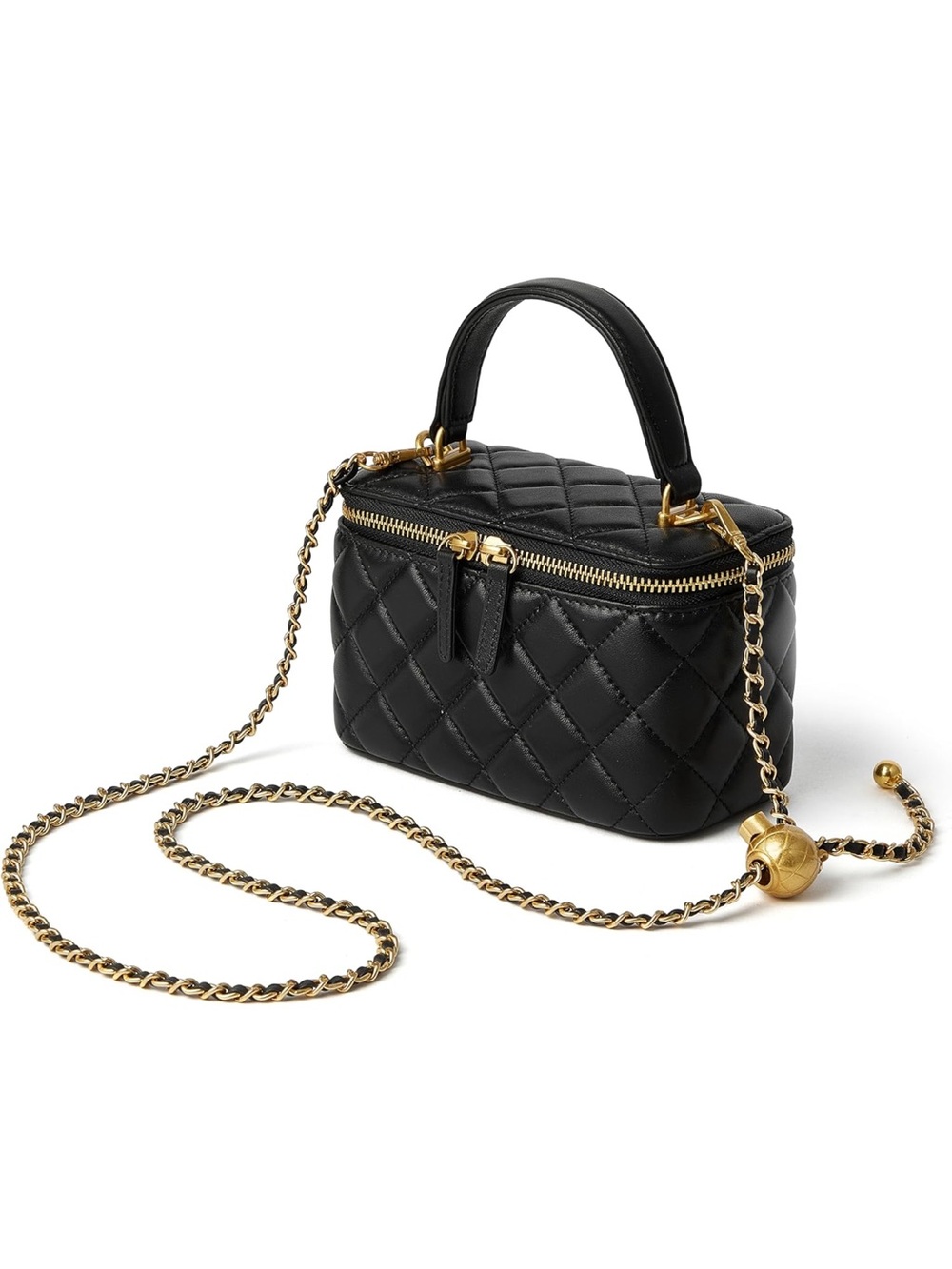Black Quilted Leather Crossbody Vanity Bag with Gold Chain NWOT